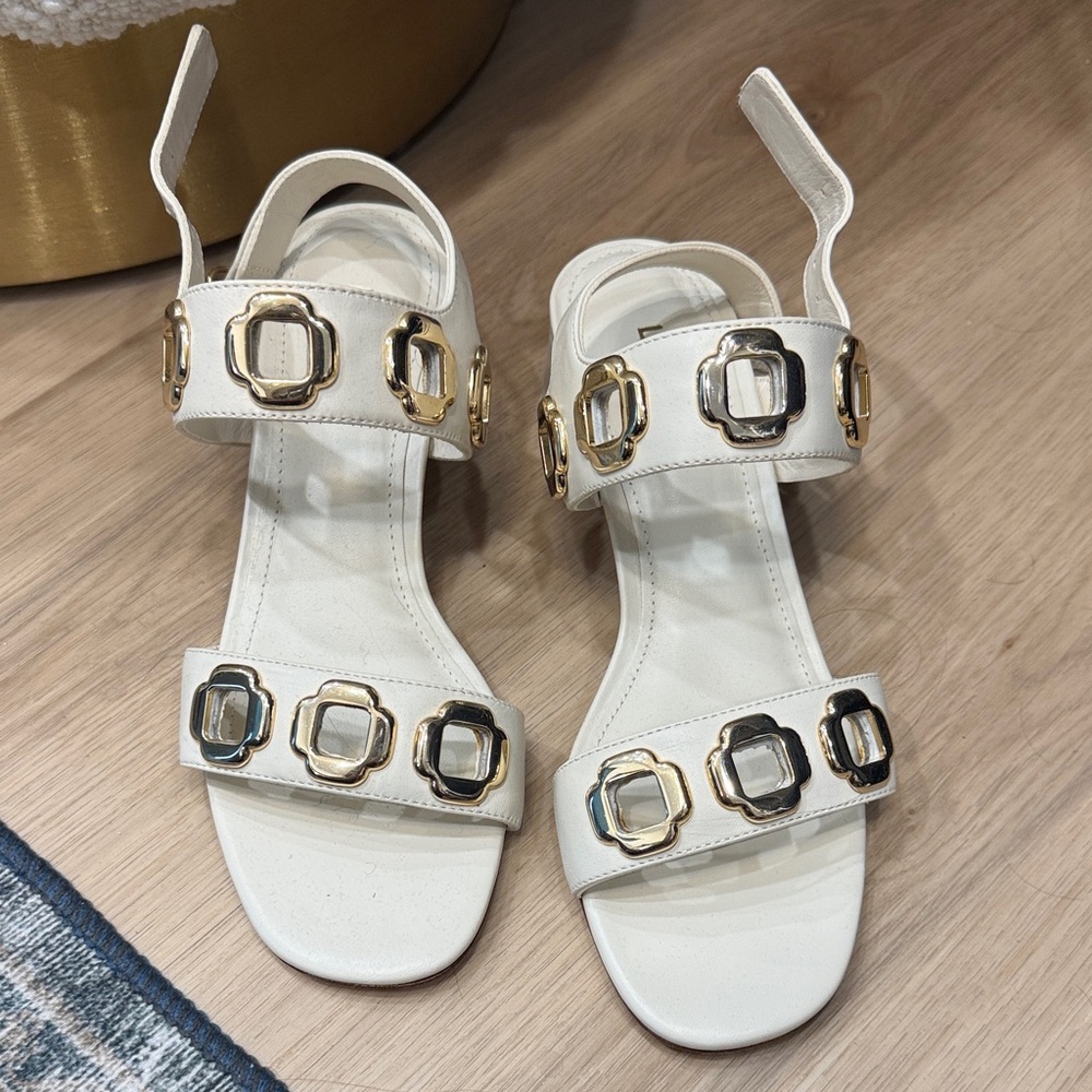 Larroude White Sandals with Gold-Tone Buckle Accents
